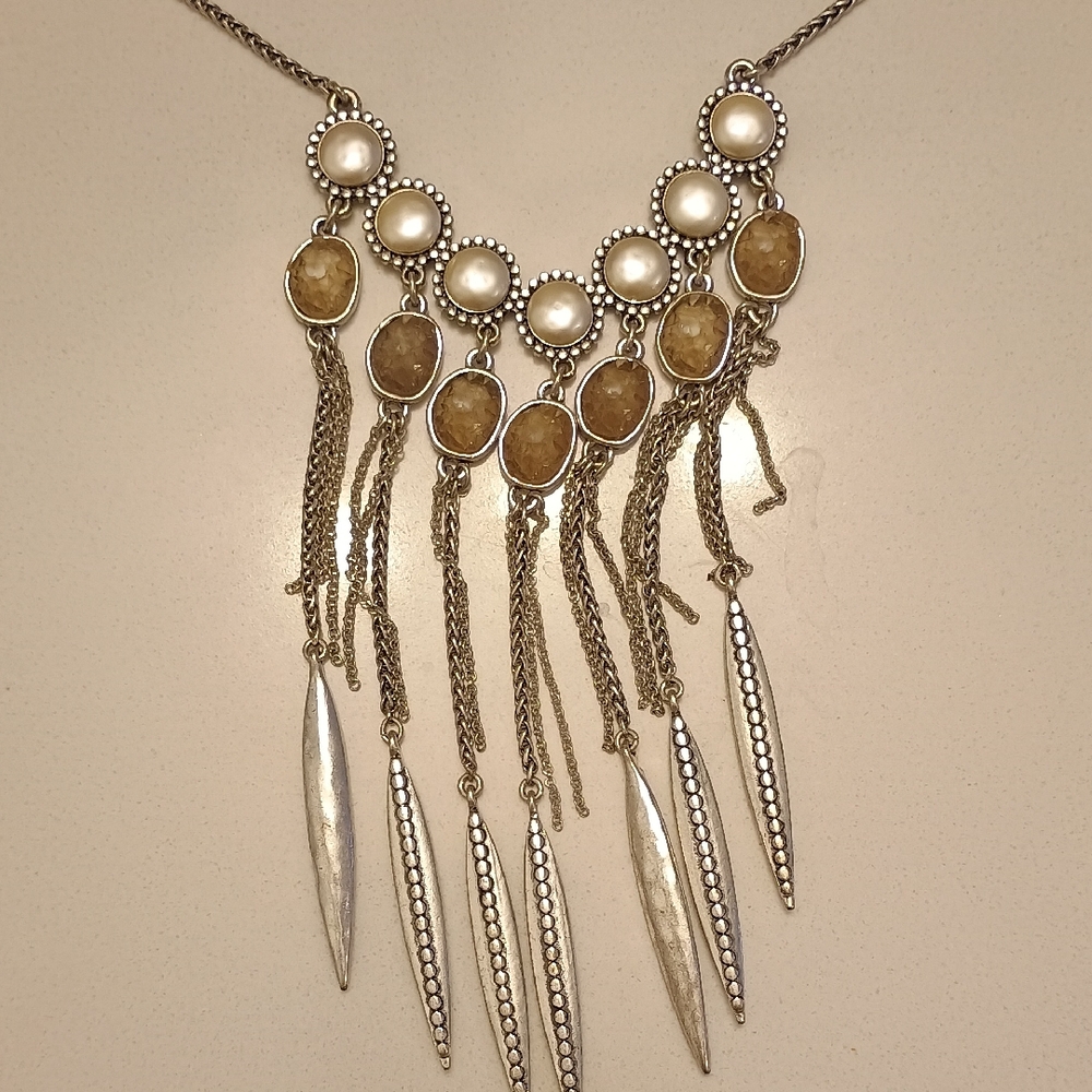Lucky Brand Silver and Pearl Fringe Necklace
